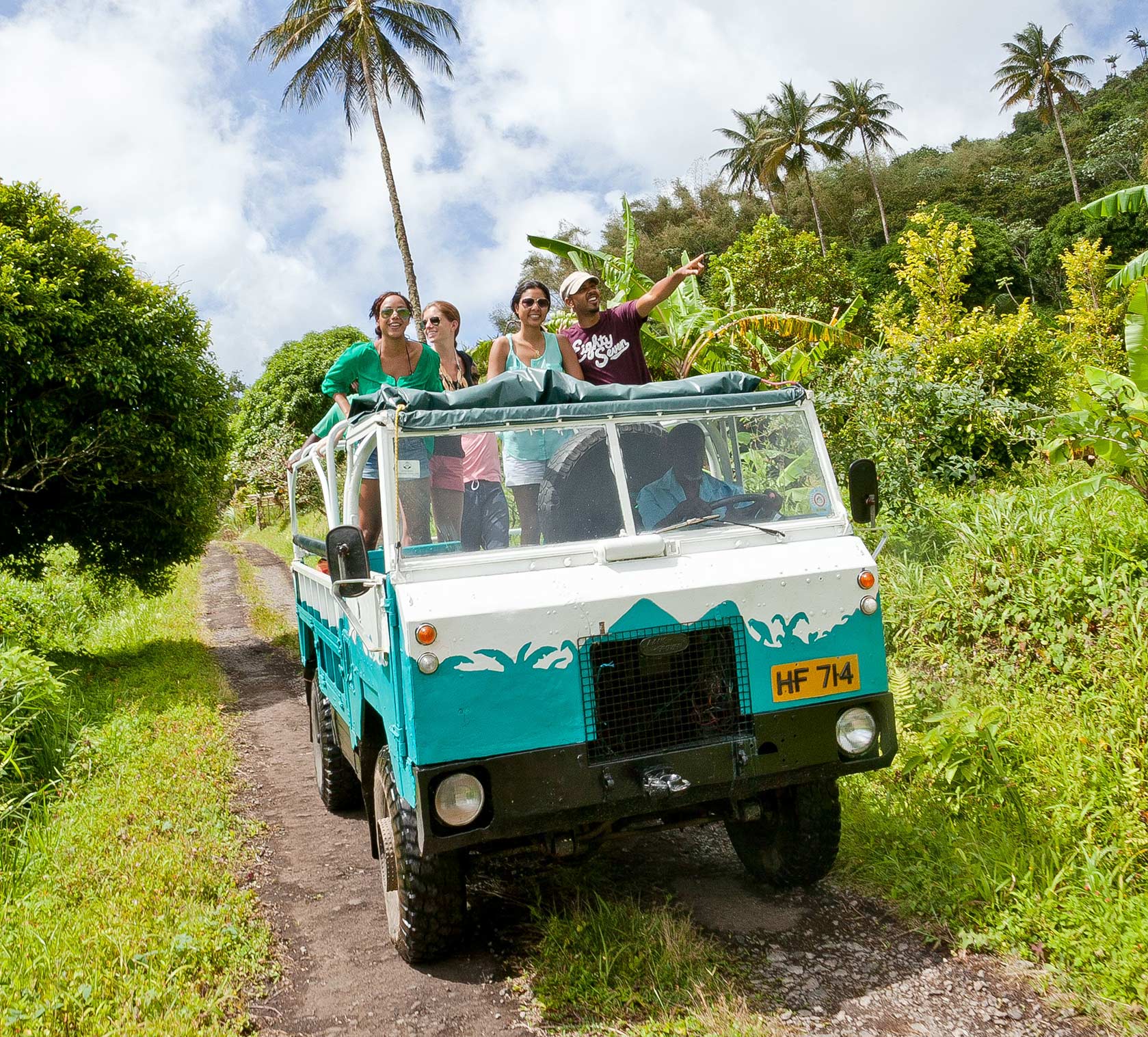 YS Falls jitney tractor ride through the estate — the scenic journey to the waterfall, St. Elizabeth Jamaica