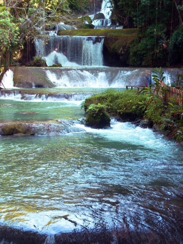 YS Falls Jamaica seven-tiered waterfall — visitors swimming in the natural pools at the base of the falls